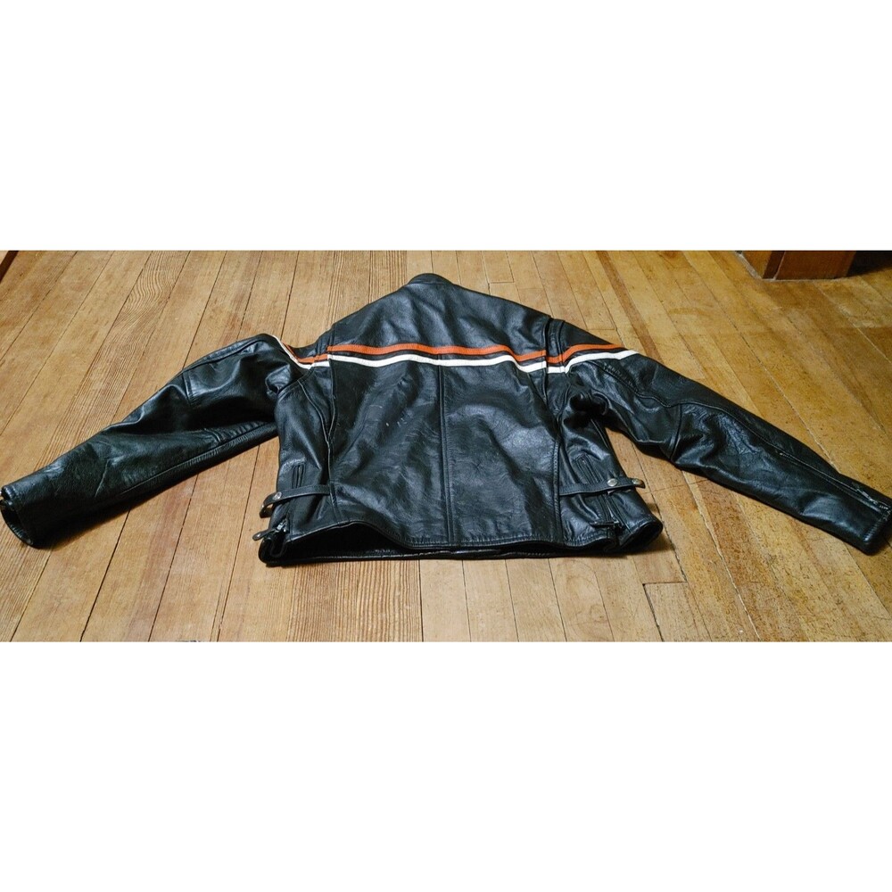 Vintage Y2K Men's Black Striped Heavy Duty Leather Rider Jacket Size Large - Picture 5 of 9
